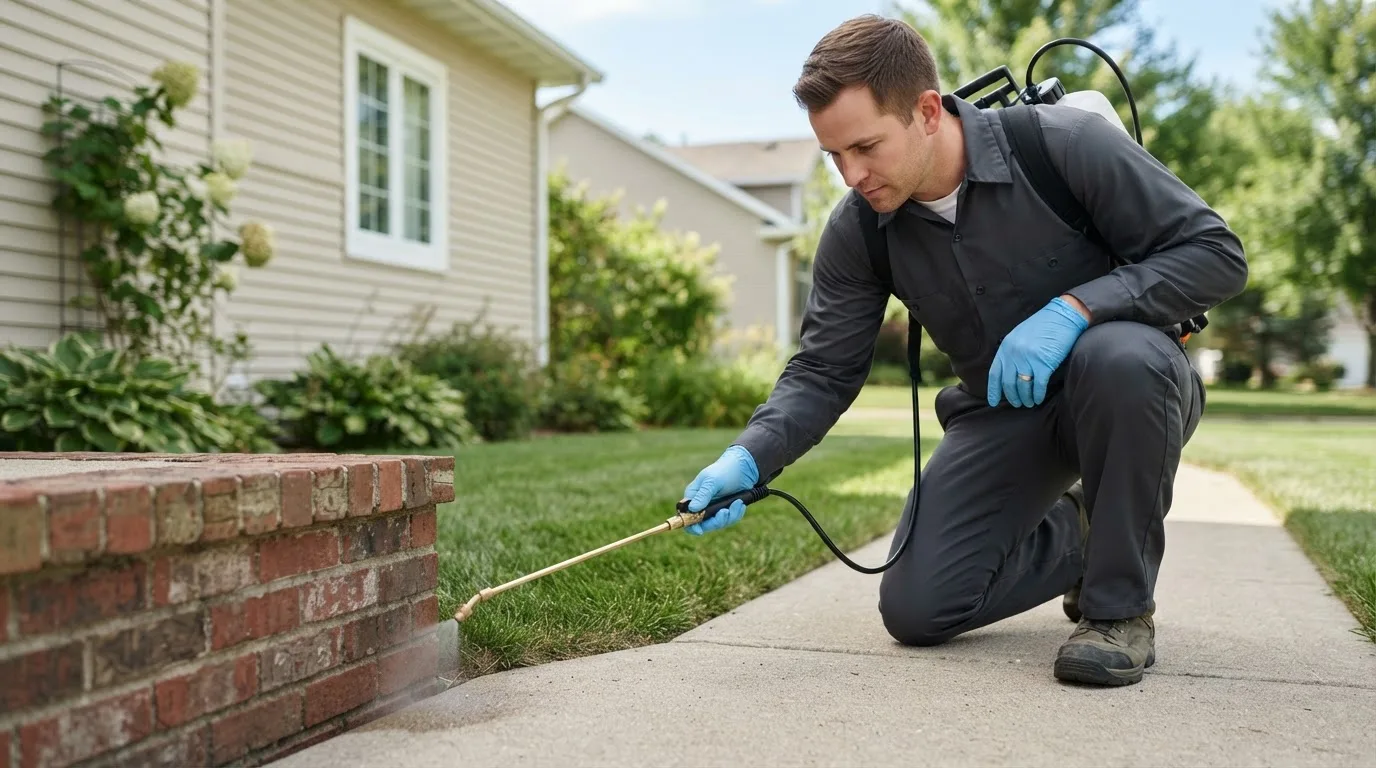 Pest control technician treating a home near Tompkinsville, KY